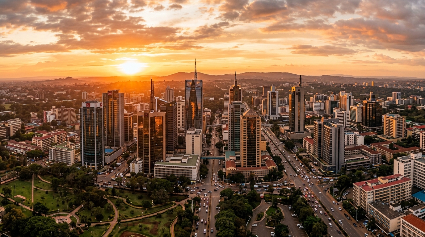 Aerial view of Nairobi skyline at golden hour