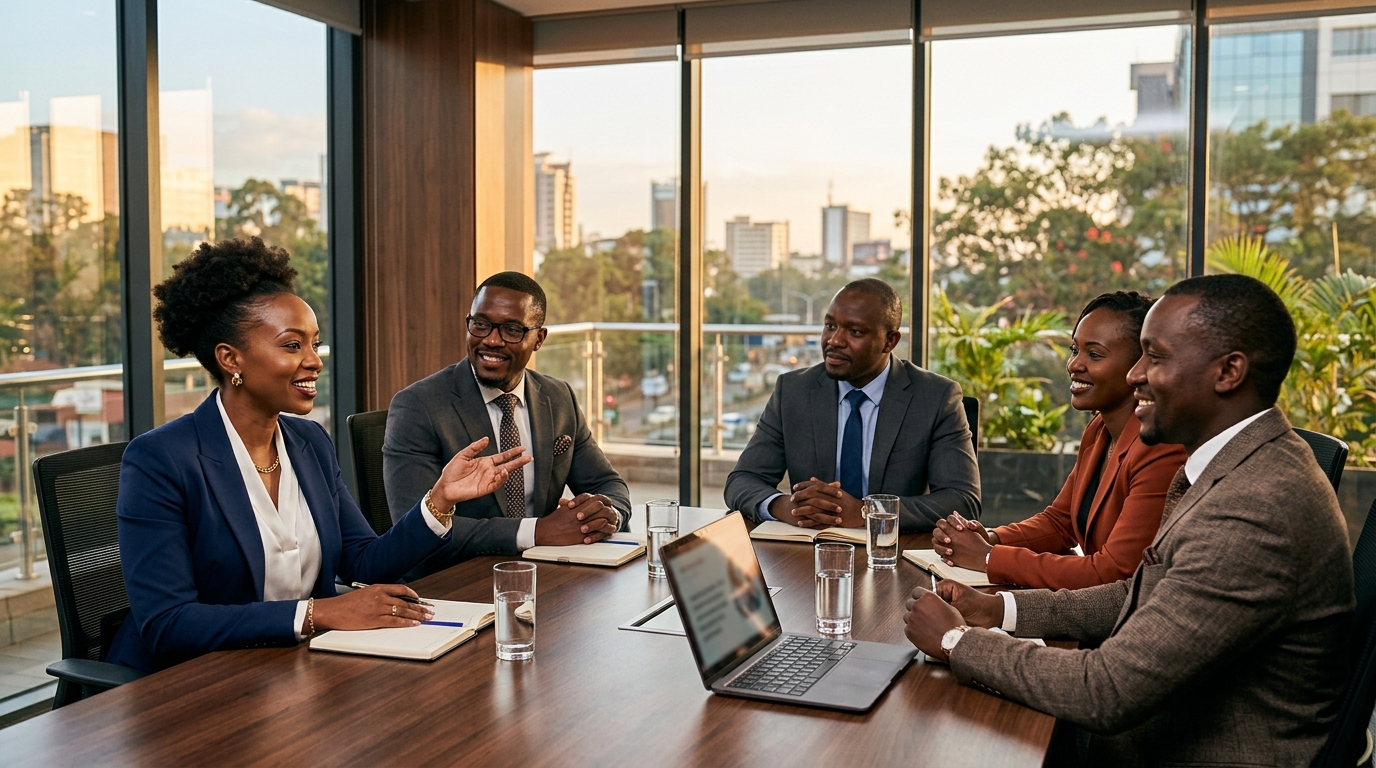 Kenyan business professionals in a modern Nairobi boardroom