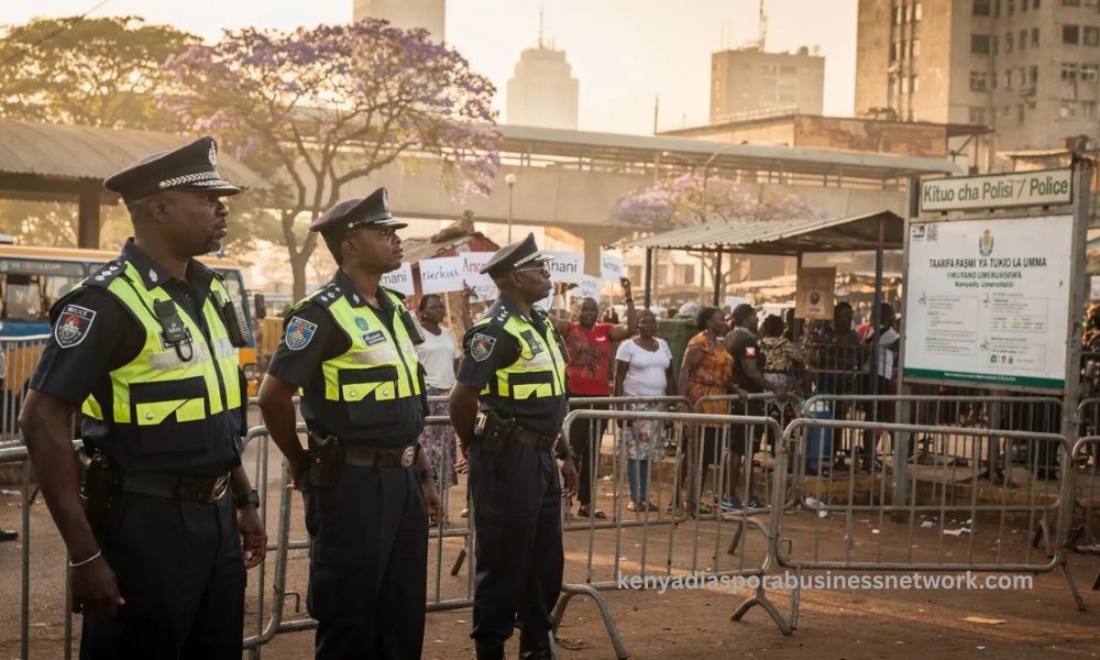 police officers monitoring a peaceful political rally during election-period security preparations