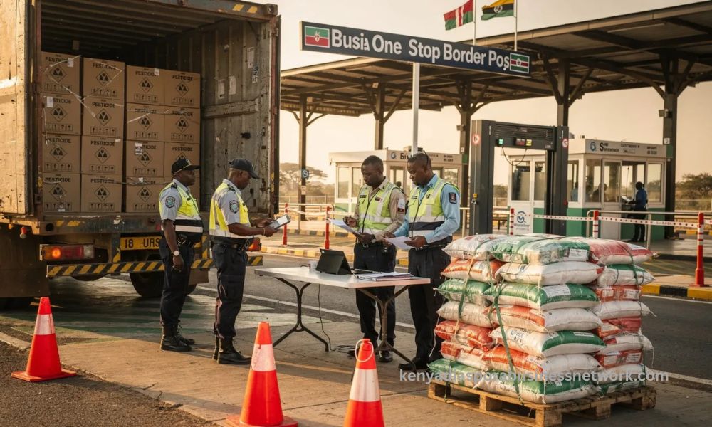 Kenyan pest control enforcement officers inspecting a cargo truck carrying unregistered pest control products at Busia border