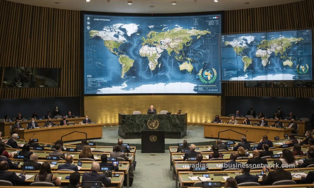 UN General Assembly with a world map showing Africa in its accurate relative size