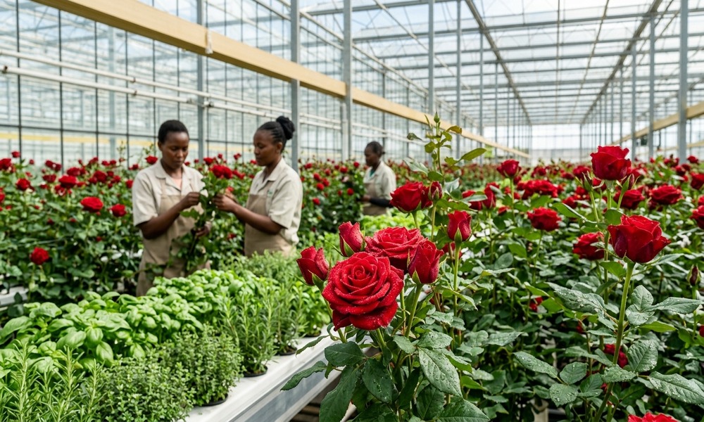 Modern commercial horticulture greenhouse in Kenya with blooming export roses and herbs