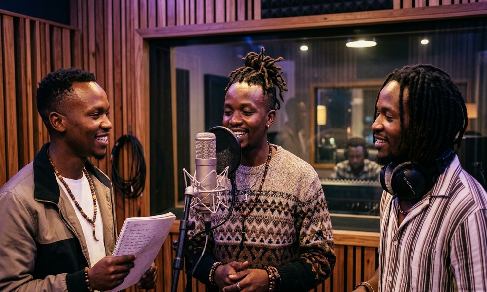 Afro-pop powerhouses Bensoul, Ywaya Tajiri join forces on sensual new single “Mariwana” African musical vocalists collaborating around condenser microphone in recording studio