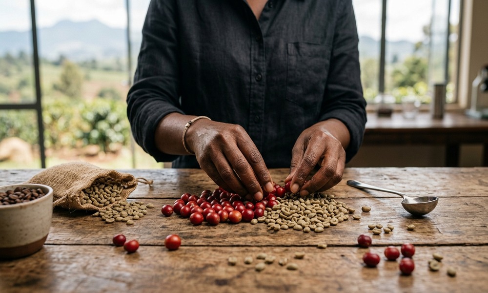 Coffee farmers earn Ksh 41.6B as NCE records stronger 2025/26 season African coffee cupping professional inspecting premium harvested coffee cherries and Arabica beans