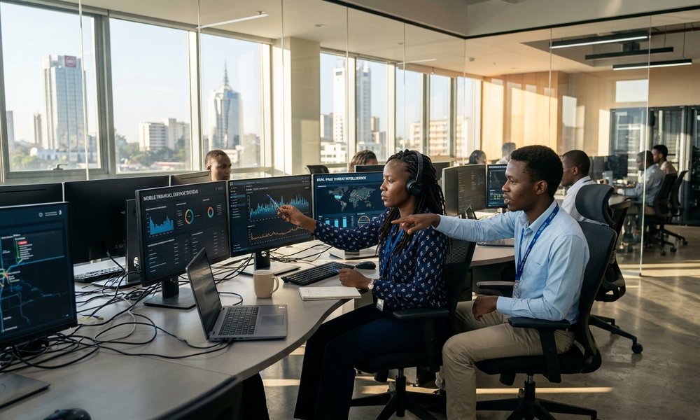 Cyberweek Africa 2026 closes with focus on AI cyber threats Black Kenyan cybersecurity engineers analyzing real-time AI network threat intelligence in a sunlit Nairobi security operations center
