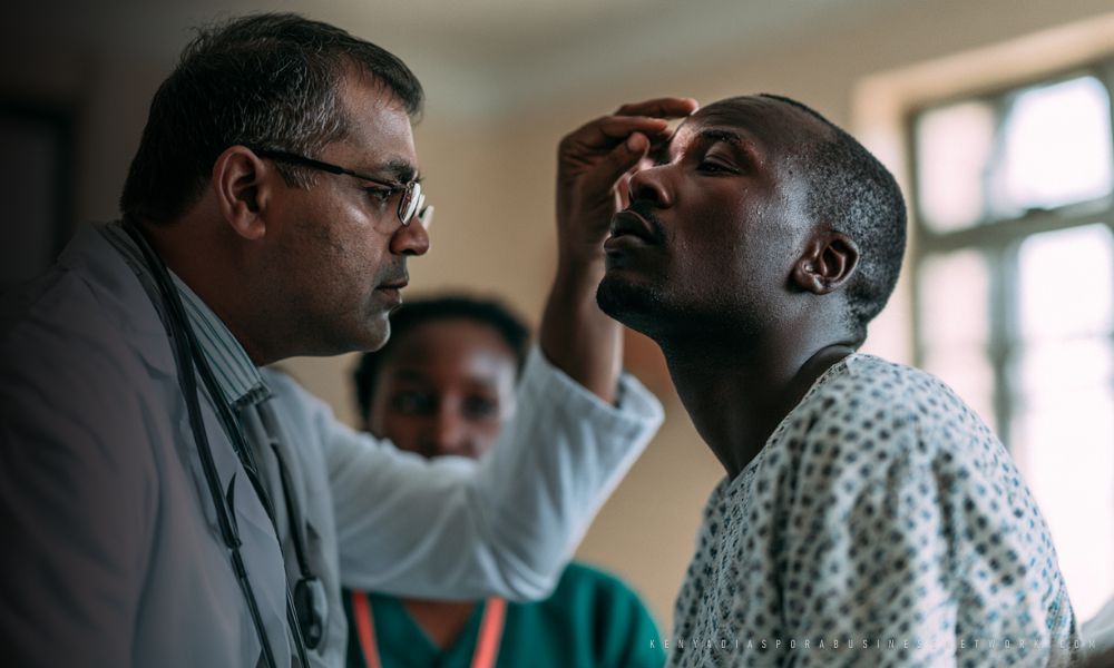 Doctor examining a patient at Kenyatta National Hospital for signs of Ebola