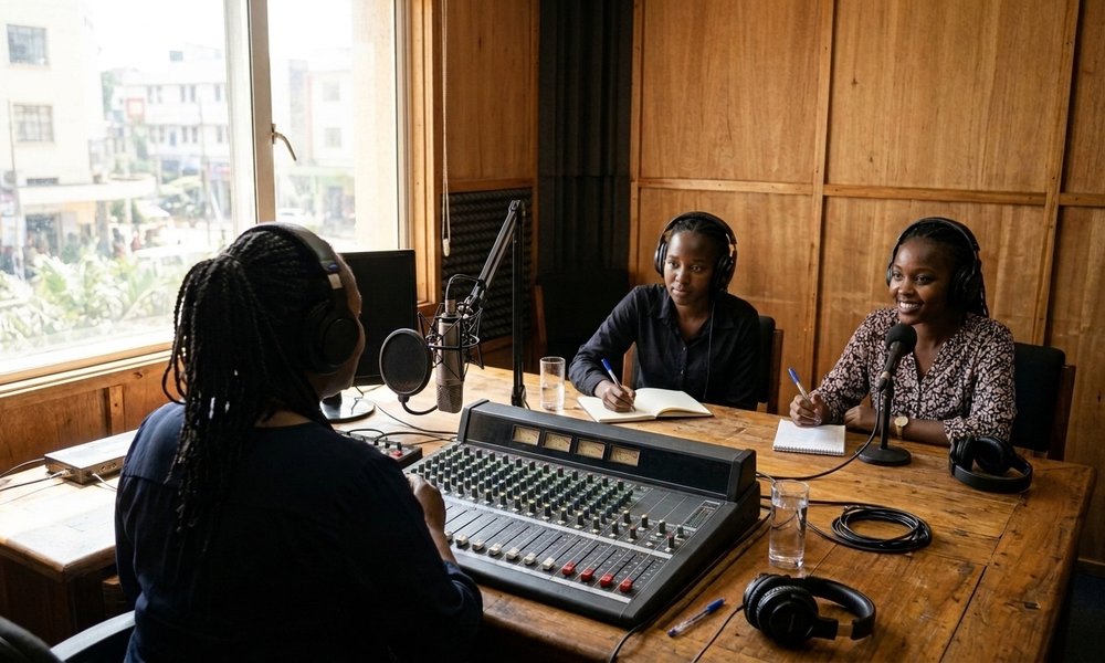 Rear view of a veteran Kenyan female radio broadcaster at a sunlit Nairobi studio console mentoring two young female broadcast journalists