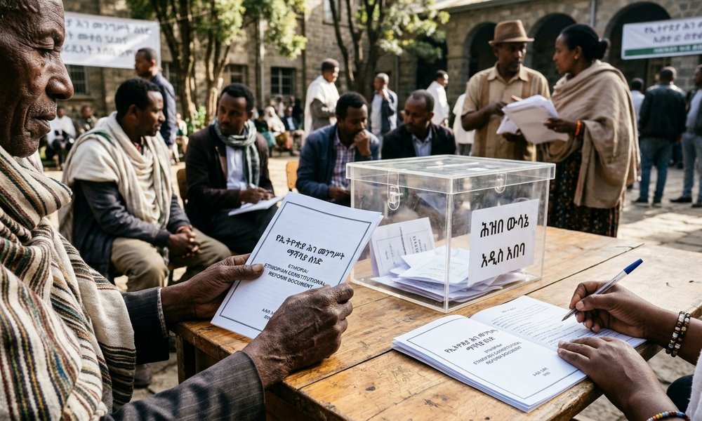 Ethiopia: Elections, Constitutional Change, and Genocidal Violence Close documentary view of Ethiopian citizens holding printed constitutional documents beside a transparent ballot box in Addis Ababa morning sunlight