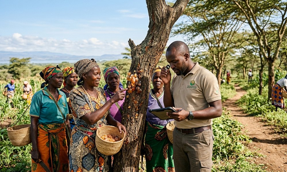 Two Kenyan enterprises selected for nature-focused investment accelerator Black Kenyan women harvesters and an agronomist inspecting golden gum arabic resin on an acacia tree in Naivasha morning sunlight