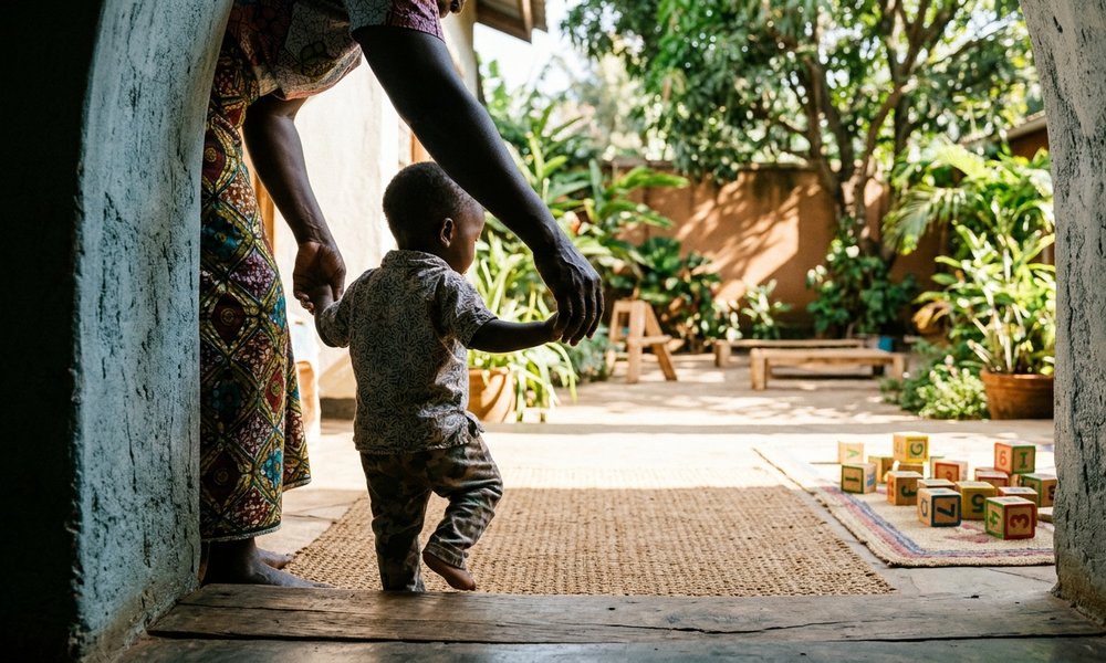 Dignified rear-angle documentary view of a Kenyan mother holding her toddler's hand stepping toward a sunlit green play sanctuary