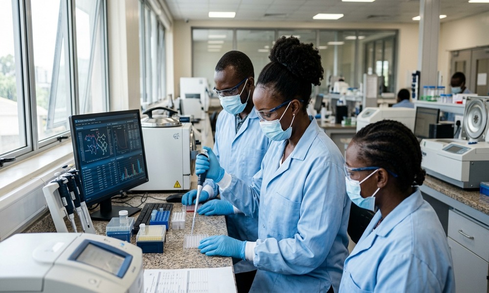 African medical health epidemiologists in laboratory conducting public health disease surveillance