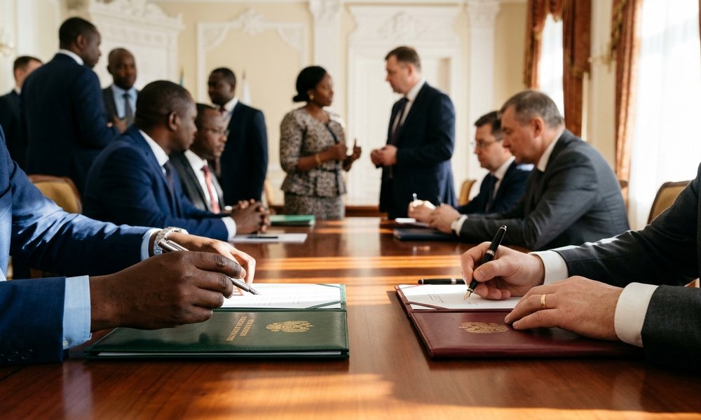 Ruto, Putin agree to halt recruitment of Kenyans into Russian military Close-up of Kenyan and Russian diplomats signing and exchanging leather-bound bilateral agreements across a sunlit conference table in Moscow