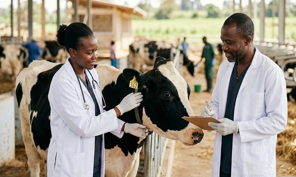Kenyan veterinary doctors conducting agricultural health examination on dairy cattle