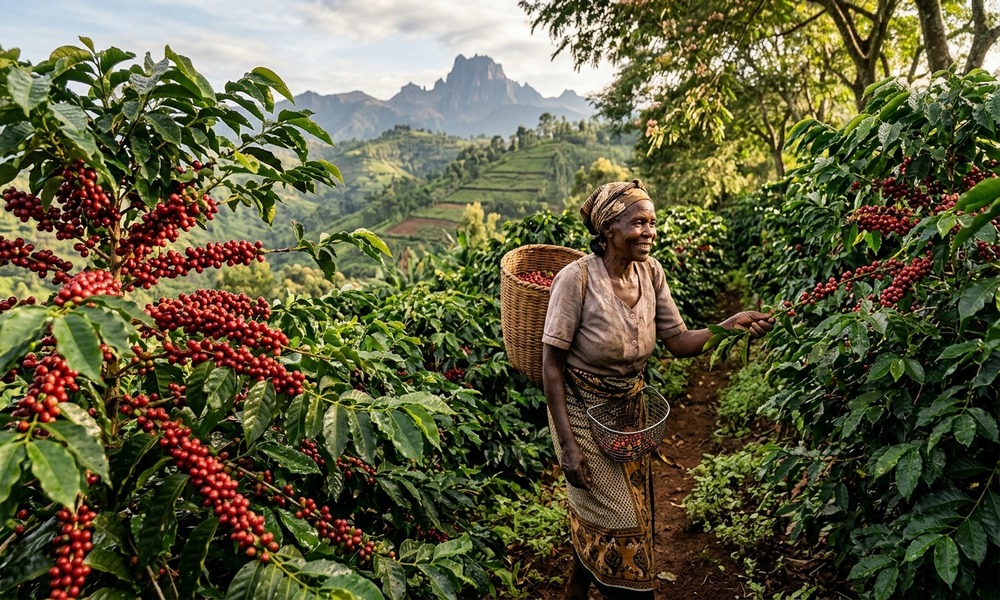 Kirinyaga coffee farmers reap record payouts African coffee farmer walking along verdant hillside coffee rows on Mount Kenya foothills