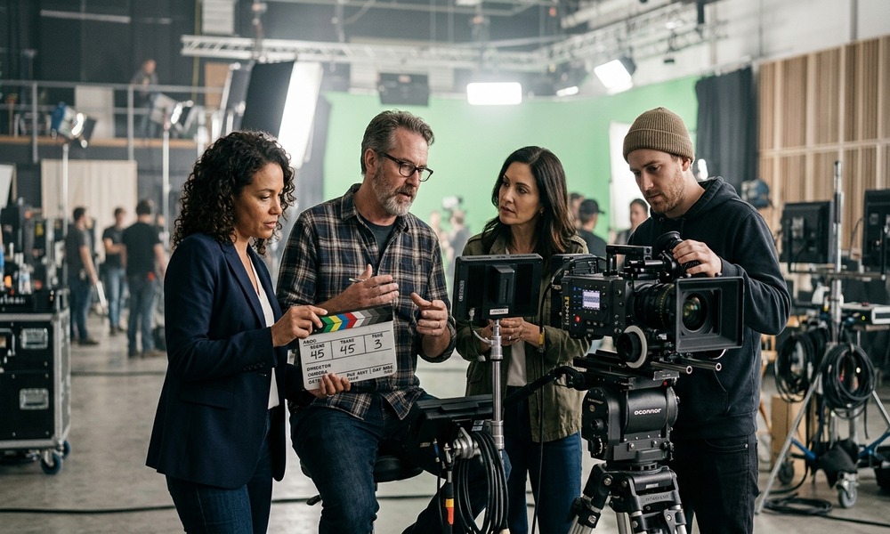 Film studio executives and directors on cinematic soundstage lot