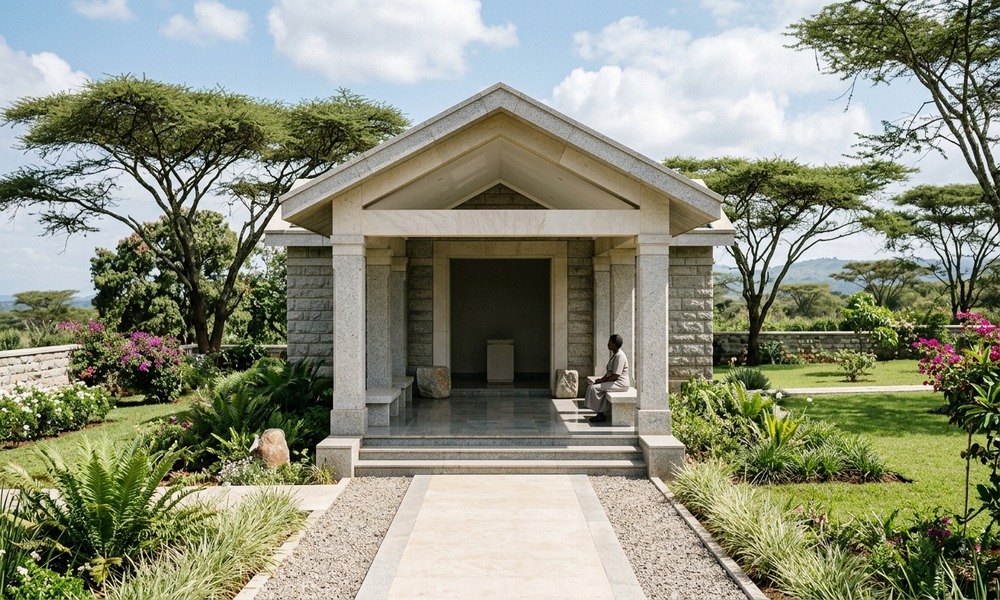 Modern granite and stone memorial mausoleum pavilion in landscaped grounds in Western Kenya