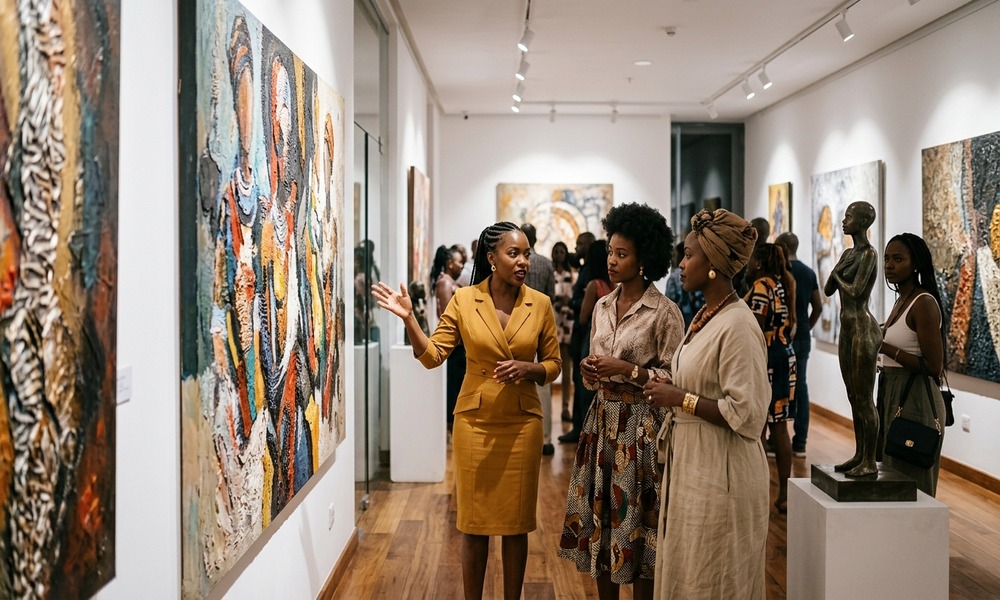 Art by Rock Hard African Women African women artists and visitors exploring contemporary fine art exhibition in modern gallery