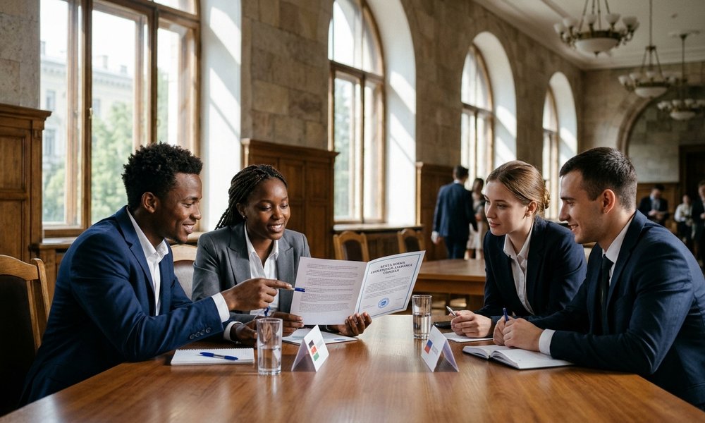Young Black Kenyan male and female university delegates conversing with Russian student counterparts at a sunlit conference table in Moscow