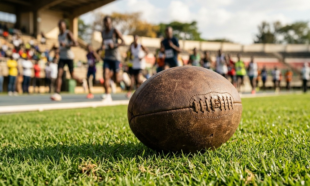 Rugby ball on lush green stadium pitch with athletes running in background