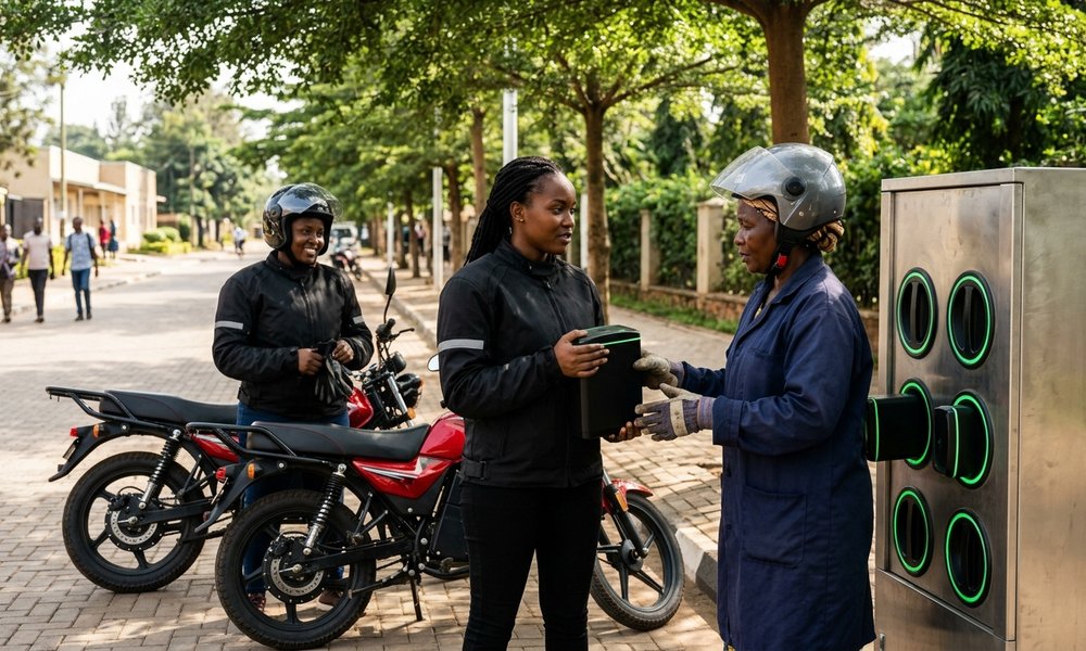 Spiro, ESP kick off pilot programme in Rwanda, aiming to support 5,000 women entrepreneurs Black African women electric motorcycle entrepreneurs exchanging a battery pack at a sunlit swapping station in Kigali Rwanda