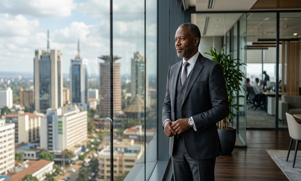 African corporate business executive in charcoal suit overlooking city skyline