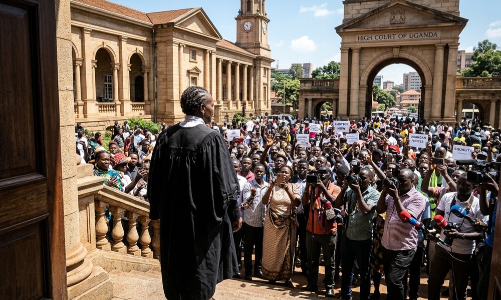 The Rise and Fall of Uganda’s Human Rights “Revolution” (1986-2026) Rear view of a Ugandan legal advocate walking down sunlit high court steps toward grassroots citizens and journalists in Kampala