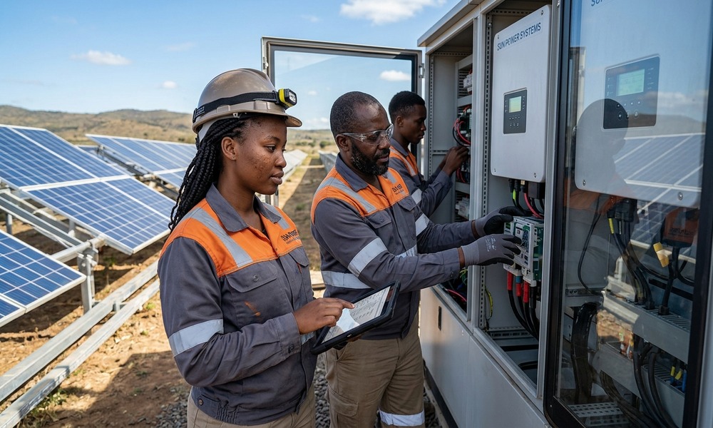 UK-backed clean energy innovations set to scale across Africa African clean energy engineers inspecting smart solar installations and power grid inverters