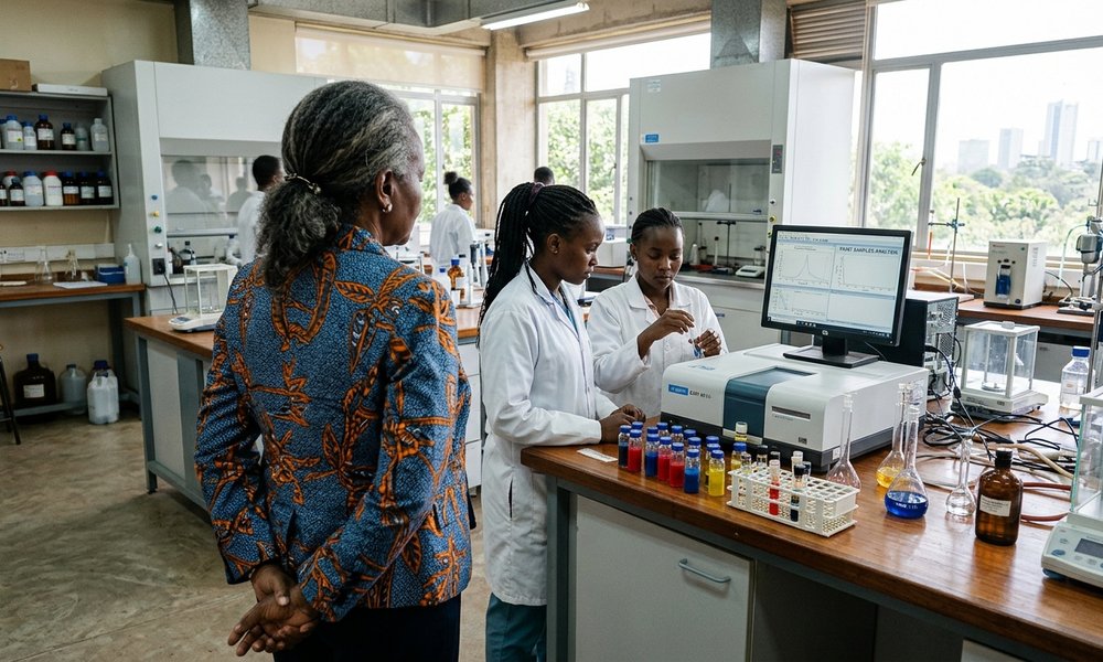 Rear view of a senior African woman scientist observing Kenyan chemists testing pigment samples in a sunlit University of Nairobi laboratory